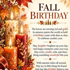 Fall Birthday Card Printable | Autumn Leaves & Candlelight | Birthday Poem Keepsake (Digital Download)