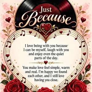 May include: A decorative print featuring a heart-shaped frame with musical notes and red roses. The text reads: Just Because, I love being with you because I can be myself, laugh with you and enjoy even the quiet parts of the day. You make love feel simple, warm and real. I'm happy we found each other, and I still love having you close. Love on Repeat.