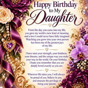 Op de afbeelding: Een decoratieve verjaardagskaart voor een dochter met donkerpaarse en crèmekleurige bloemen, gouden filigraanaccenten en een hartvormige hanger. De tekst luidt: Happy Birthday to My Daughter, gevolgd door een sentimentele boodschap.