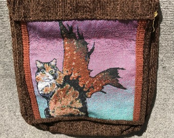 calico cat satchel, tapestry satchel, cat messenger bag, tapestry satchel, calico cat bag, unique messenger bag