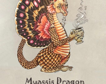 Myassis Dragon, 11x14 print, limited edition, hand signed, standard size, frame ready, needs Coffee, coffee dragon, dragon, cute dragon