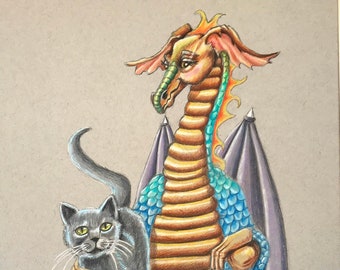Pals, 11x14 print, double matted, limited edition, hand signed, frame ready, standard size, dragon and cat, dragon, cat, friends, besties
