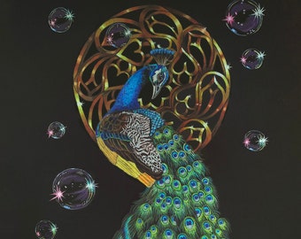 Golden Peacock, 11x14 print, double matted, limited edition, hand signed, standard frame, frame ready, mandala peacock, peacock art, pencil