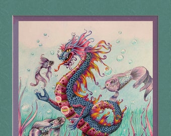 Water Dragon, 8x10 print, dragon, dragon art, dragon illustration, color pencil dragon, fantasy art, asian dragon, water dragon, sea dragon