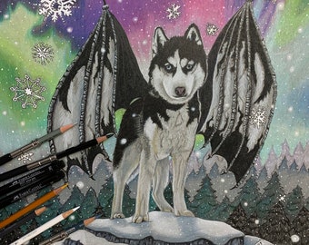 Northern Lights, impresión de 11x14, doble mate, edición limitada, firmado a mano, tamaño estándar, marco listo, husky alado, auroras boreales, impresión