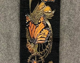 Monarchs, bell pull, true tapestry, 8x42 inches, backed, rod and finial, butterflies, red and black, steam punk, wall hanging, Monarchs