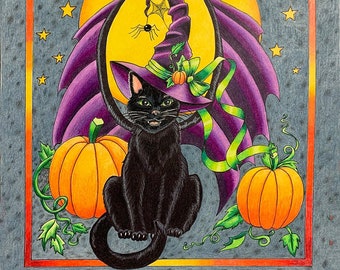 Wayward Cat, 11x14 frame size, double matted, frame ready, limited edition, color pencil, black cat, halloween cat, pumpkins, witches hat