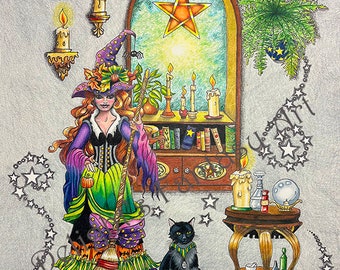Bruja sobre una estrella, tamaño de marco 16x20, doble paspartú, tamaño de impresión 11x14, con respaldo, funda de plástico transparente, lista para enmarcar, edición limitada.