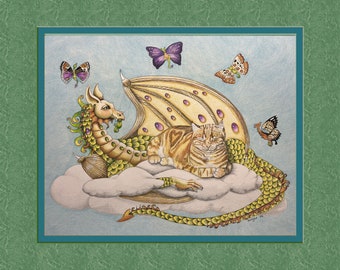 Floating Dragon, Loafing Tiger, 8x10 frame size, double faux mat, frame ready, Dragon and cat, cat and dragon, serene dragon, loafing cat