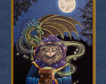 Spellbound, 8x10 print, dragon art, dragon print, dragon and cat, cat wizard, ready for an 8x10 frame. faux mat.