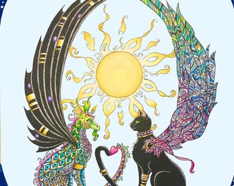 Sentinels. This is an American trading card, great for albums, trading, small places, table frames, Sentinels that are a cat and a dragon