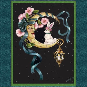 May include: A crescent moon with a woman's face and a white rabbit sitting on it. The moon is decorated with pink flowers and blue ribbons. The background is a dark blue with white stars.