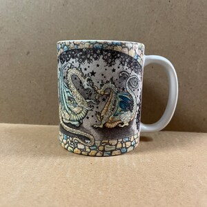 11 oz mug, conversation, ceramic mug, dishwasher proof, microwave proof, Delight's Fantasy Art, two dragons, dragons talking, under bridge image 3