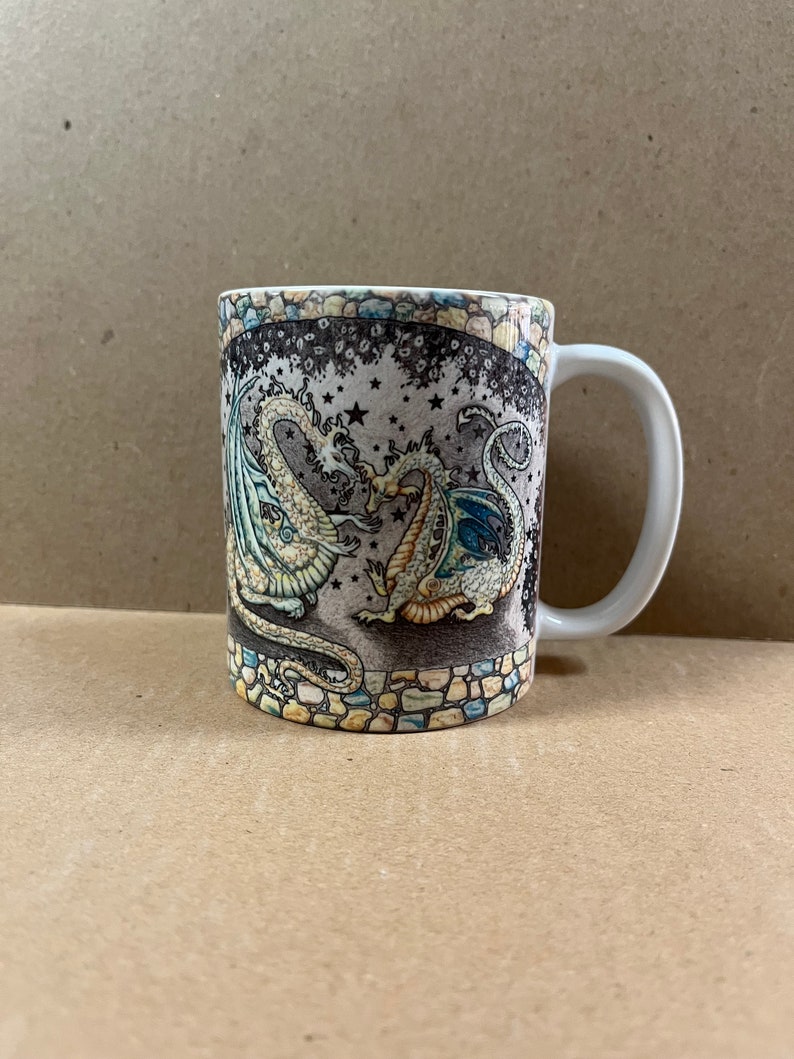 11 oz mug, conversation, ceramic mug, dishwasher proof, microwave proof, Delight's Fantasy Art, two dragons, dragons talking, under bridge image 3