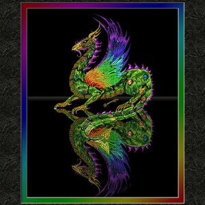 May include: A green, gold, and purple clockwork dragon with jeweled accents is reflected in a black mirror. The text "The clockwork Dragon" is below the image.