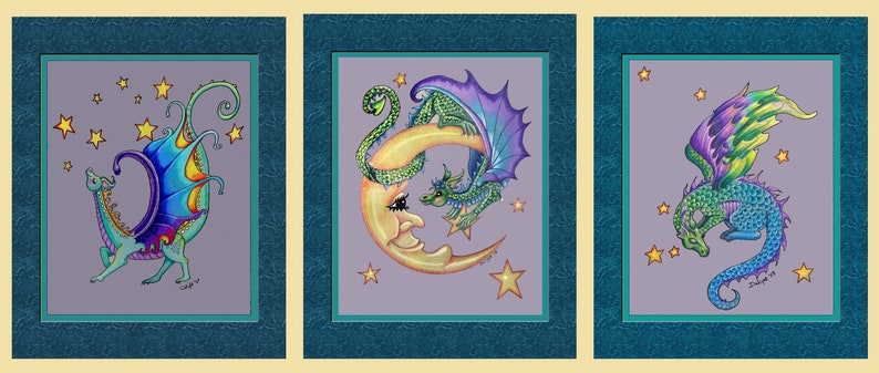 May include: Three framed illustrations of green dragons with purple and blue wings against a purple background with yellow stars. The first dragon is standing with its wings spread. The second dragon is curled around a yellow crescent moon with a face. The third dragon is flying with its wings spread.