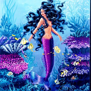May include: A mermaid with long black hair and a purple tail swims through a vibrant coral reef. The reef is filled with colorful fish and plants.