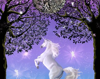 Dancing in the Moonlight, American trading card, great for albums, trading, small places, table frames, dancing unicorn, night sky, trees