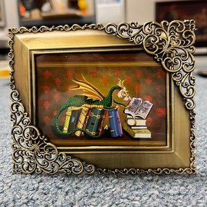 ATC, framed mini of, Librarian, fairy sized art, tiny framed art, dragon on books, Edwardian dragon, book lovers, readers, dragon lovers