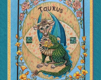 Taurus, 8x10 frame size, double faux matted, frame ready, color pencil, zodiac dragon, Taurus dragon, rose, poppies, emerald, cute dragon