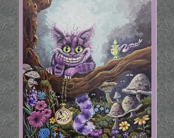 The Time Keeper, 8x10 frame size, double faux mat, frame ready, cheshire cat, cat with watch, pocket watch, overgrown garden