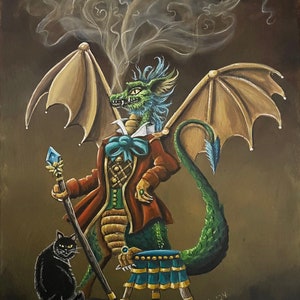 May include: A green dragon wearing a red and gold waistcoat and a blue bow tie, holding a staff with a blue gem on top. The dragon has gold wings and a long green tail. A black cat is sitting to the left of the dragon. The dragon is standing on a small stool with a blue and gold fabric cover. The background is a dark brown color with smoke coming from the dragon's mouth.