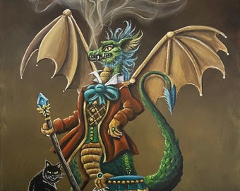 Count Draco. 8x10 print, double matted to an 11x14 frame size, limited edition, dapper victorian dragon, dragon with black cat