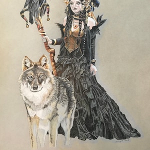 以下が含まれることがあります： 黒いドレスを着た女性が、カラスがとまっている杖を持っている。彼女の隣にはオオカミが立っている。この画像は色鉛筆で描かれている。