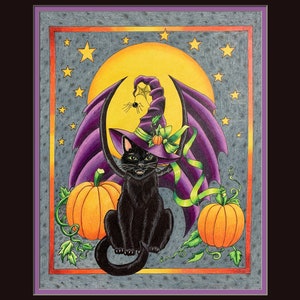 Wayward Cat, 8x10 frame size, double faux matted, frame ready, color pencil, black cat, halloween cat, pumpkins, witches hat