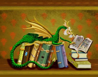 Librarian, American trading card, great for albums, trading, small places, table frames, dragon with books, book dragon, librarian, dragon