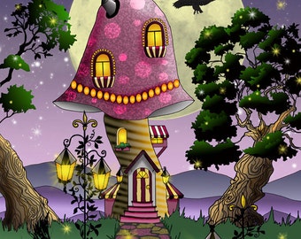 By the Light of the Moon. 16x20 print, double matted, limited edition, hand signed, frame ready, standard size, Mushroom house, black cat