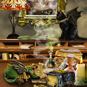 May include: A green dragon with gold accents sleeps on a stack of books. A black cat with bat wings sits on a shelf behind the dragon. A stained glass lamp, a feather quill, and a bottle of potion are on the shelf. The scene is set in a magical library.