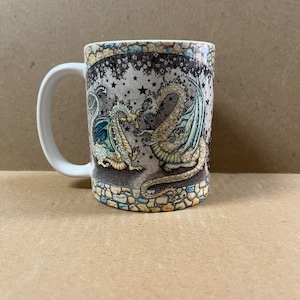 11 oz mug, conversation, ceramic mug, dishwasher proof, microwave proof, Delight's Fantasy Art, two dragons, dragons talking, under bridge image 2