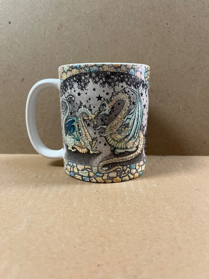 11 oz mug, conversation, ceramic mug, dishwasher proof, microwave proof, Delight's Fantasy Art, two dragons, dragons talking, under bridge image 2