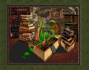 Librarian, book lover, librarian gift, bookworm, dragon art print, dragon wall print, dragon, Guardian, an 8x10 art print