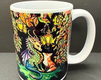 Fox and Dragon, 15 oz mug, ceramic mug, dishwasher proof, microwave proof, dye sublimation,