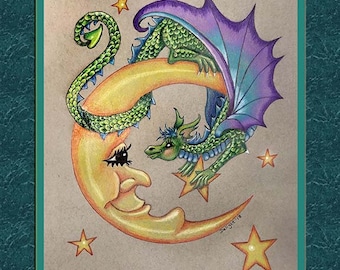 Hi There, dragon art print, dragon wall print, dragon, an 8x10 art print, dragon and moon, crescent moon, cute dragon, moon and dragon