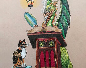 Cat and the Scribe, This is an American trading card, great for albums, trading, small places, table frames, cat looking at dragon, dragon