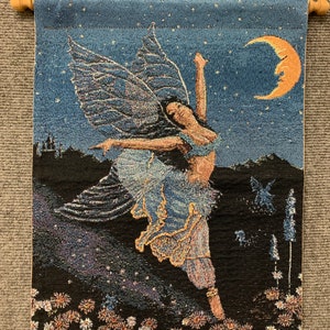Fairy Dancer, 13x18 tapestry, backed tapestry, flying fairy, fairy and moon, moon and fairy, fairy and flowers, fairy tapestry, wall hanging