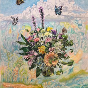 May include: A colorful bouquet of flowers in a glass vase with butterflies flying above. The flowers include lilies, roses, daisies, and other blooms. The background is a swirling, abstract design in shades of blue, green, and yellow.