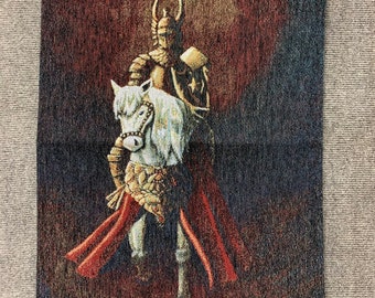 Paladin, 13x18 tapestry, backed tapestry, rod and finials, knight, knight on horse, armored knight, Queen's knight, golden knight,