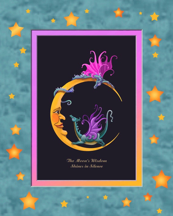 Moon Dragons, 8x10 Print, crescent moon, moon art, moon print, dragon, dragons, dragon print, dragon art, Moon and dragons, dragons n moon