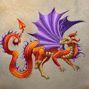 May include: A hand-drawn illustration of a purple and orange dragon with a heart-shaped tail. The dragon has a purple wing with white dots and a curled tail.