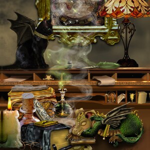 May include: A green dragon with wings is sleeping on a stack of books. A black cat with wings is sitting on a shelf above the dragon. There is a lit candle, a bottle, and a quill pen on the shelf. The dragon is wearing a gold necklace.