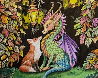 Fox and the Dragon A limited edition Giclee from watercolor art