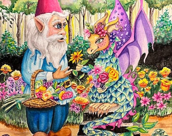 Flora's Florals, 11x14 print, double matted, limited edition, hand signed, standard size, frame ready, Gnome and dragon, dragonandflowers