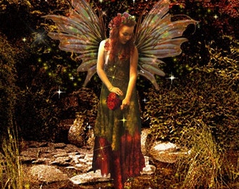 May include: A fairy with iridescent wings and a red flower in her hand stands in a stream of water. The background is a forest with golden and red leaves. The fairy is wearing a green and red dress.