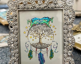 ATC framed mini of Dragon Dreams, fairy sized art, tiny framed art, dream catcher, dragons, tree of life, feathers, delicate art