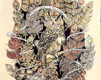 Wisdom, 16x20 frame size, double matted, frame ready, limited edition, color pencil, eagle owl, zentangle feathers, words of wisdom, owl