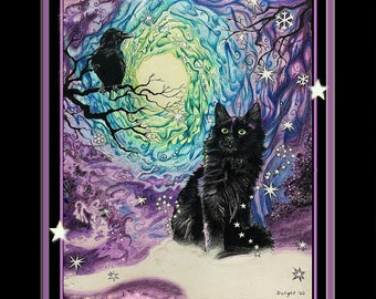 Midnight Companions, 8x10 frame size, double faux mat, frame ready, Raven and black cat, Midnight magic, full moon, black cat, raven, crow